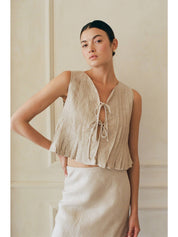 Linen Pleated Bow Tie Front Ruffled Tank