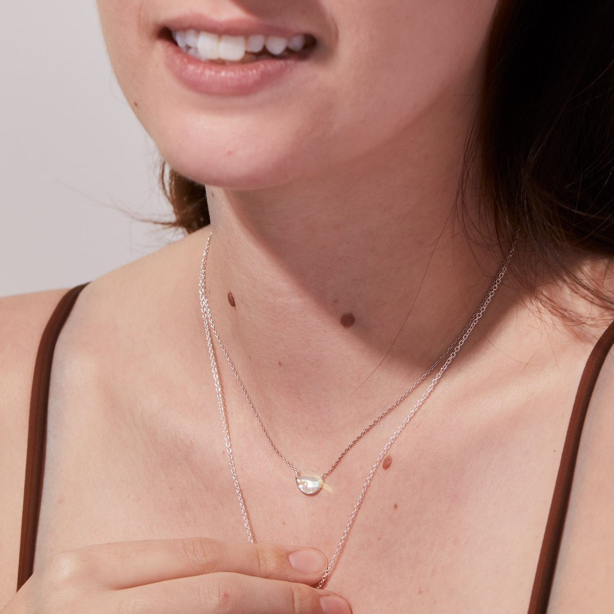 One Half Pendant Necklace - Honey Mother of Pearl, Sterling Silver