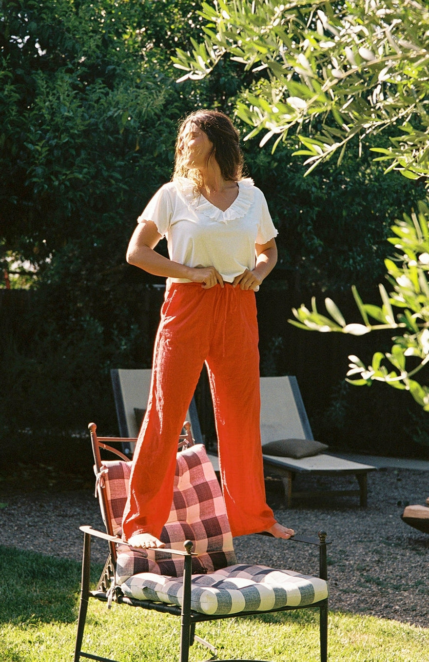 Embroidered Eyelet Pant - Tomato