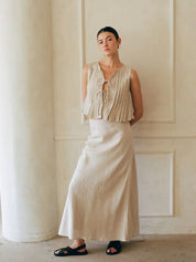 Linen Pleated Bow Tie Front Ruffled Tank