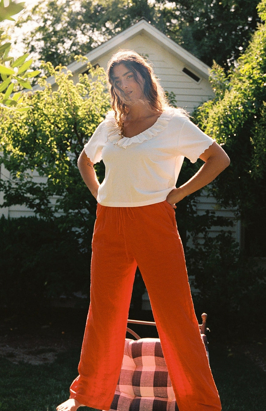 Embroidered Eyelet Pant - Tomato