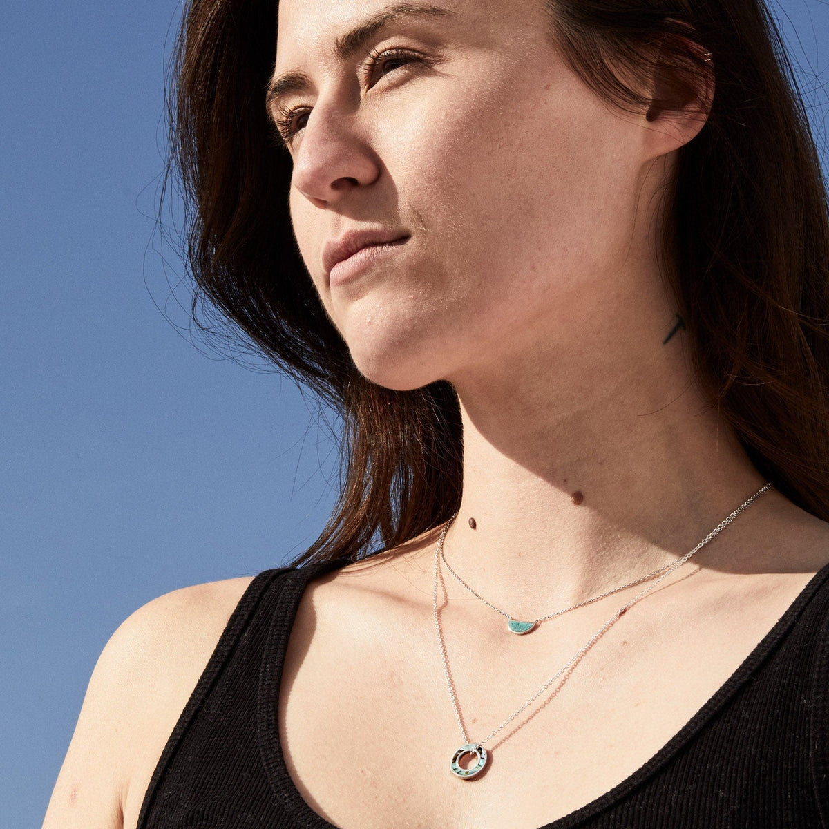 One Half Pendant Necklace - Chrysocolla, Sterling Silver