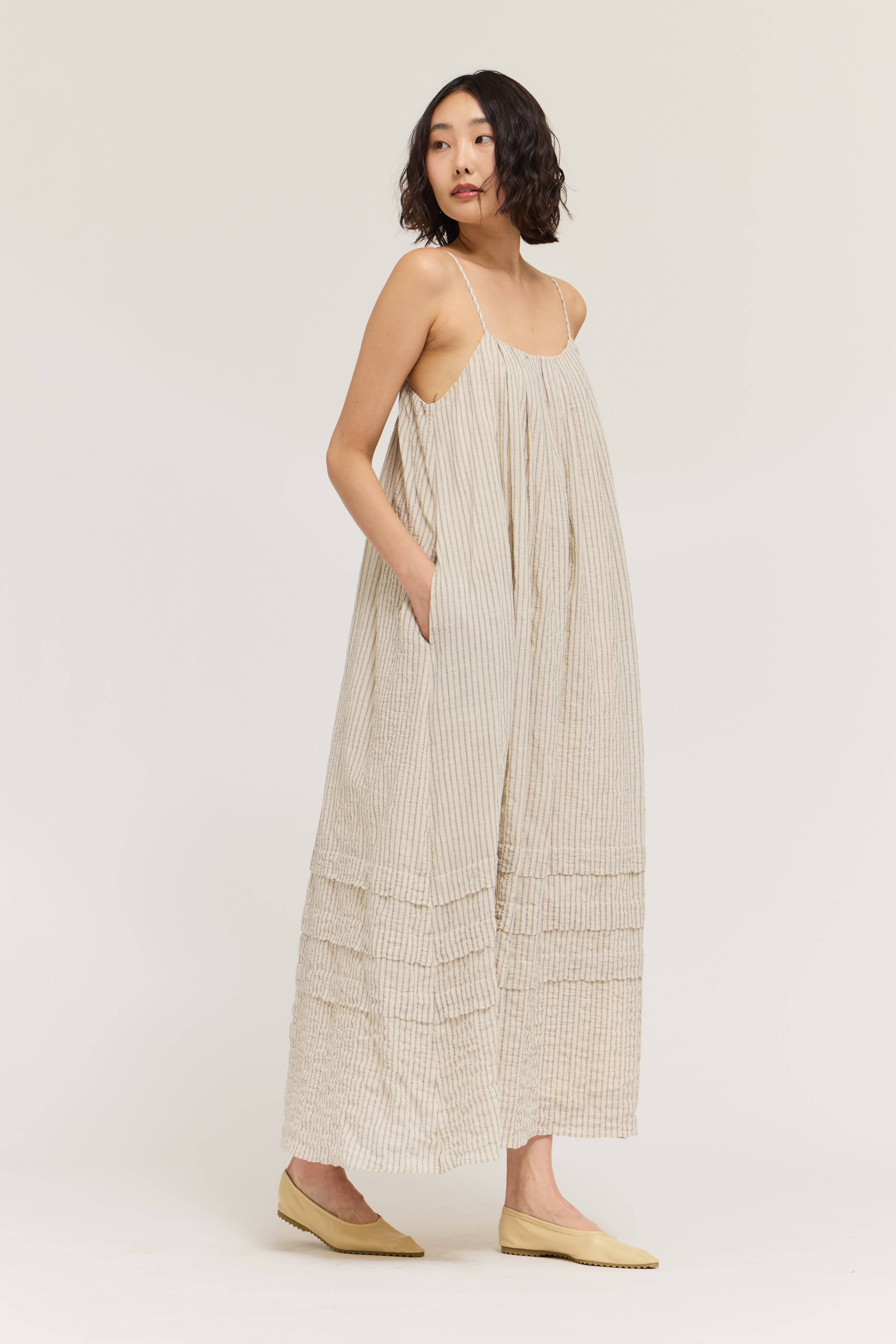 Stripe Pleat Tuck Dress