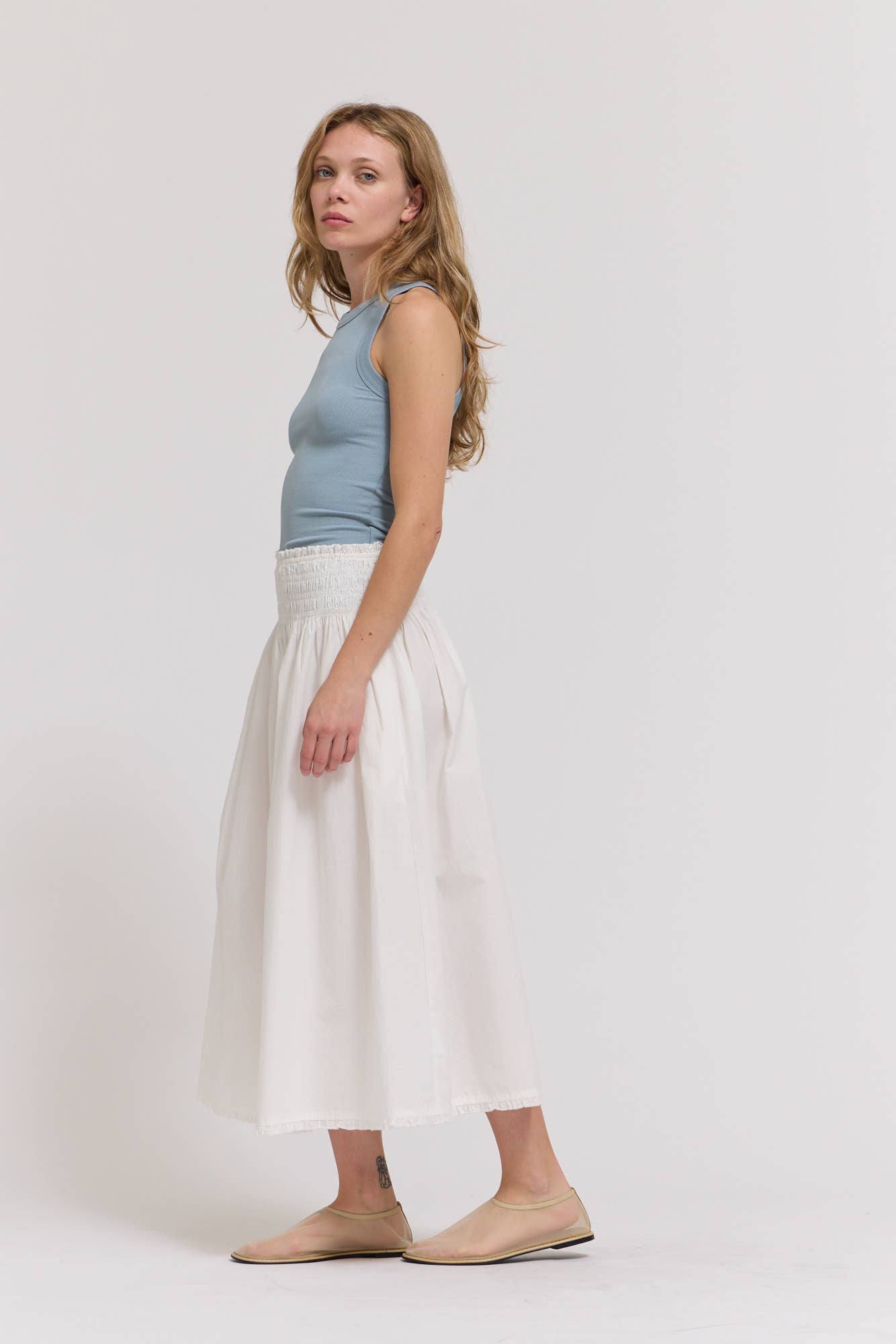Eyelet Trim Detailed Smocking Waist Skirt