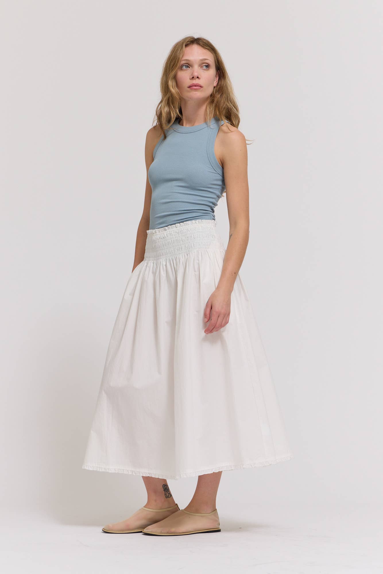 Eyelet Trim Detailed Smocking Waist Skirt