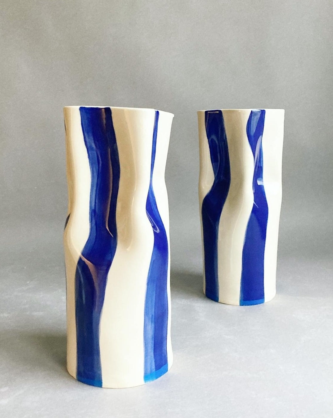 Navy Blue Striped Pinched Bud Vase