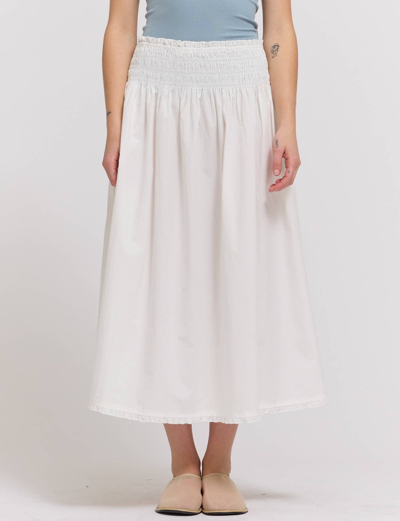 Eyelet Trim Detailed Smocking Waist Skirt