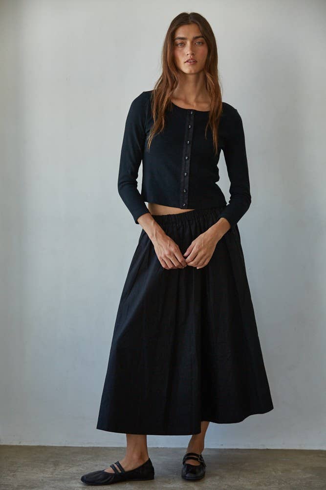 Woven Cotton Elastic Waist Flare Midi Skirt