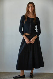 Woven Cotton Elastic Waist Flare Midi Skirt