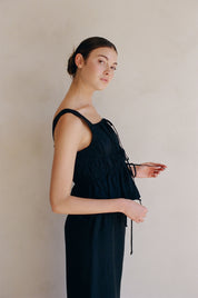 Woven Tiered Tie Front Ruffle Hem Top - Black