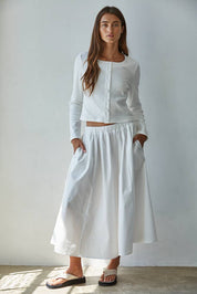 Woven Cotton Elastic Waist Flare Midi Skirt