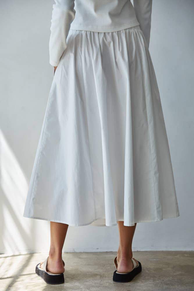 Woven Cotton Elastic Waist Flare Midi Skirt