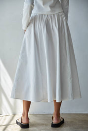 Woven Cotton Elastic Waist Flare Midi Skirt