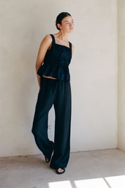 Woven Tiered Tie Front Ruffle Hem Top - Black