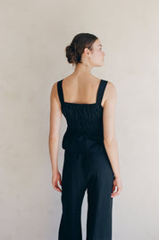 Woven Tiered Tie Front Ruffle Hem Top - Black