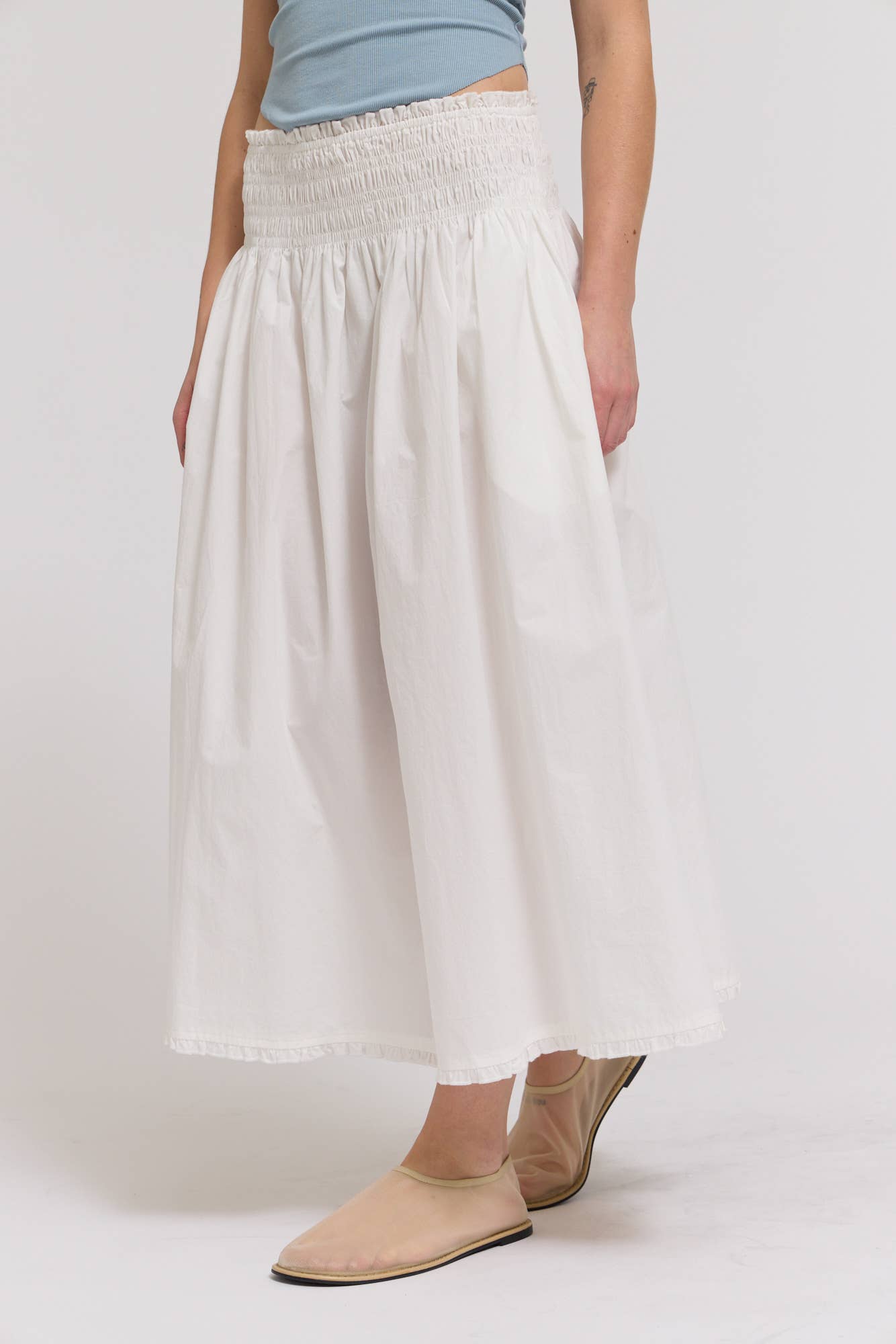 Eyelet Trim Detailed Smocking Waist Skirt