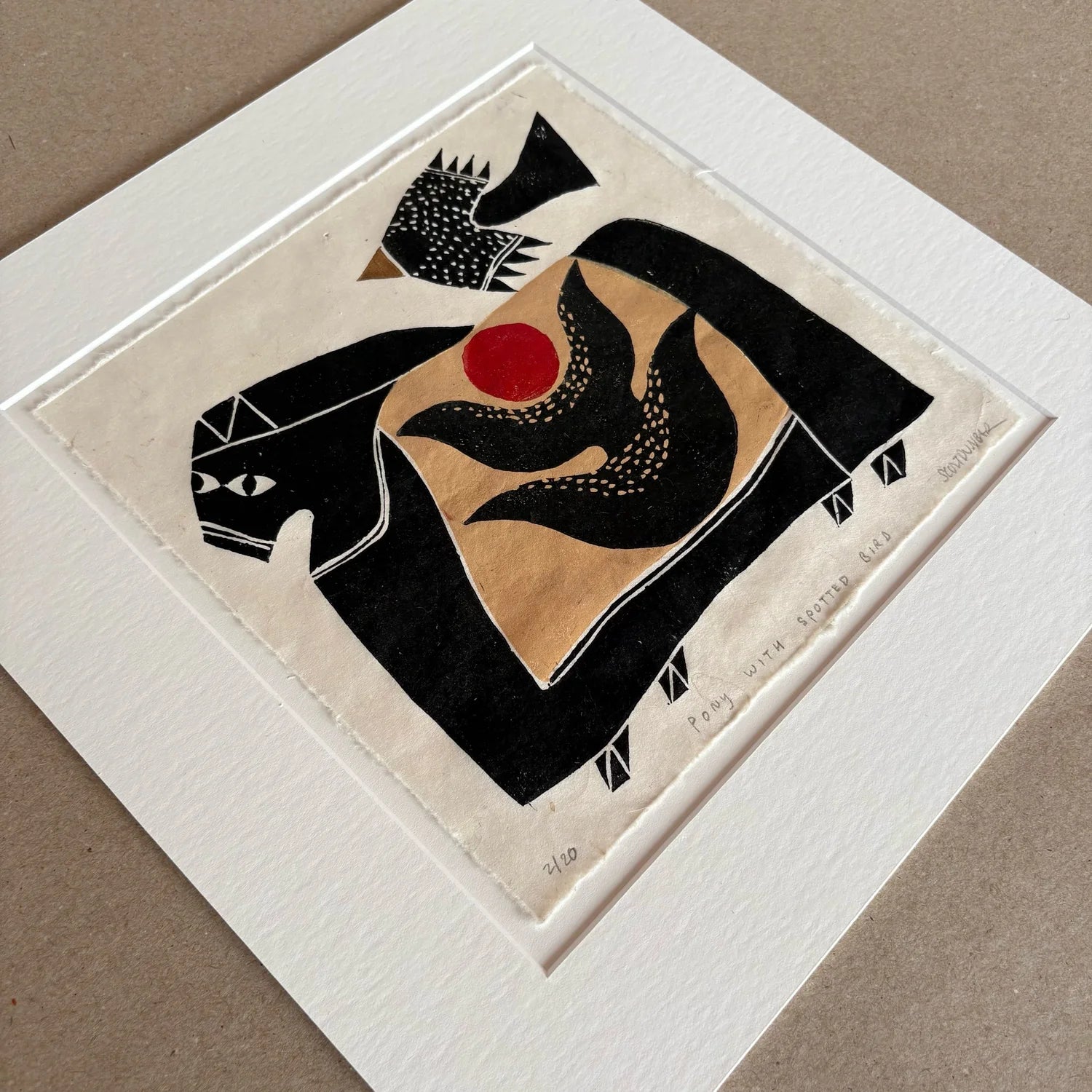 Pony with Spotted Bird Handmade Print