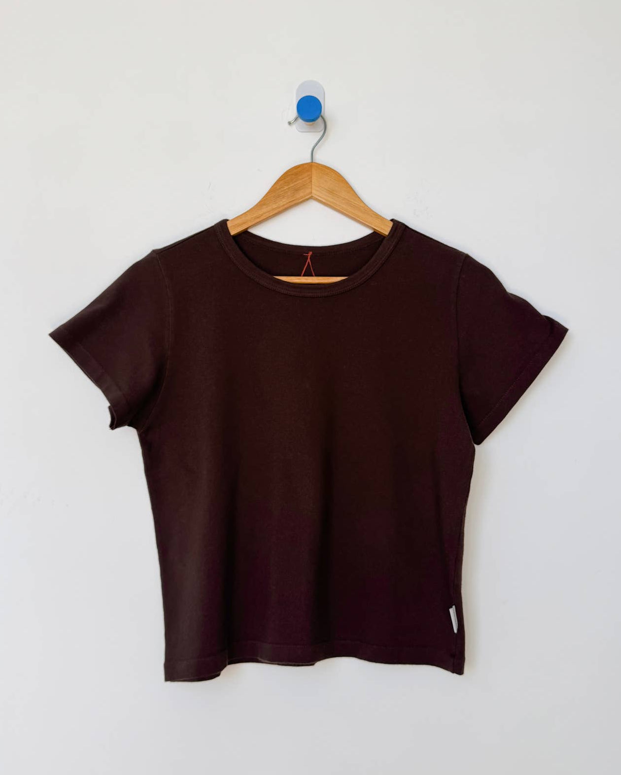 Brown t-shirt on a wooden hanger against a white background