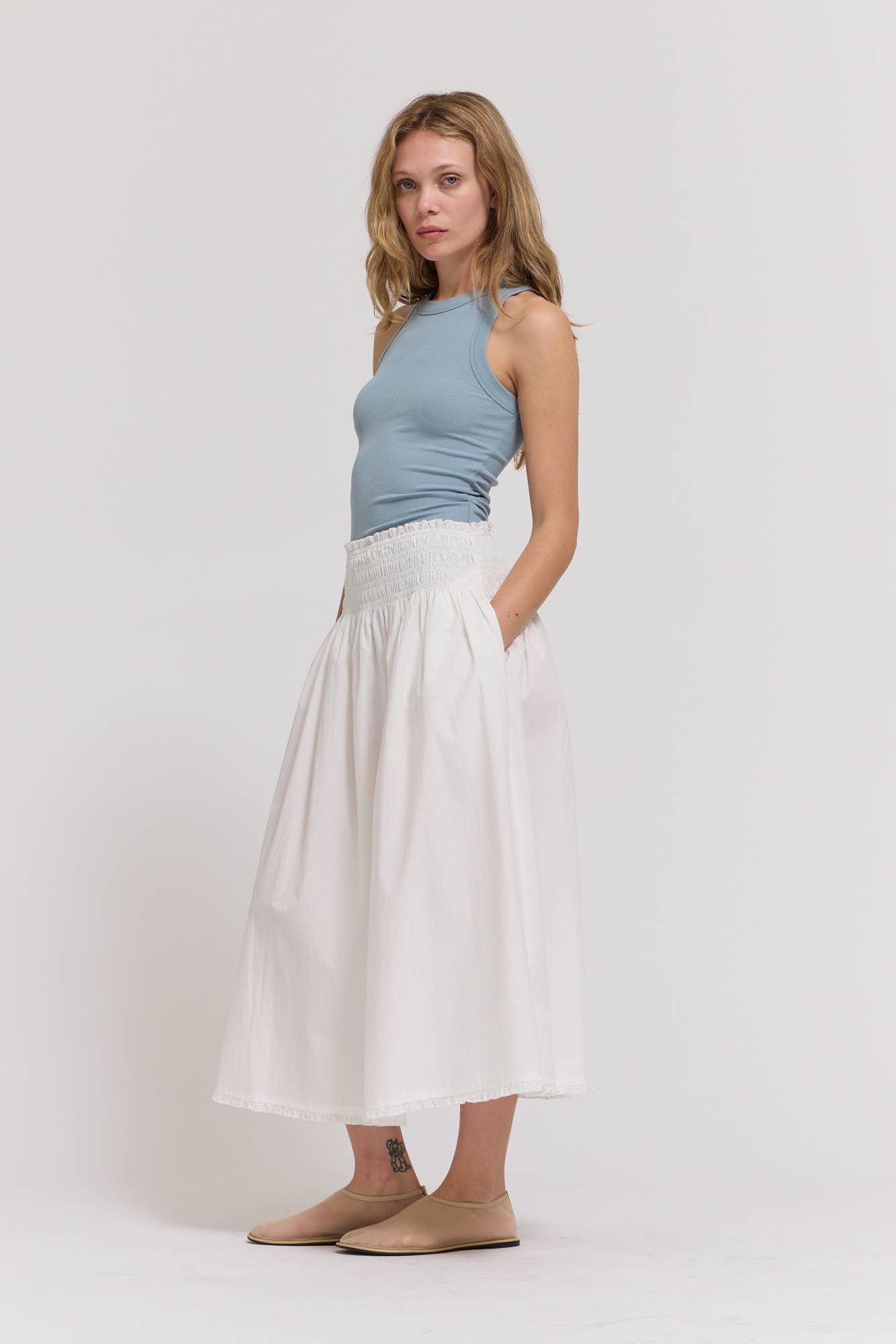 Eyelet Trim Detailed Smocking Waist Skirt