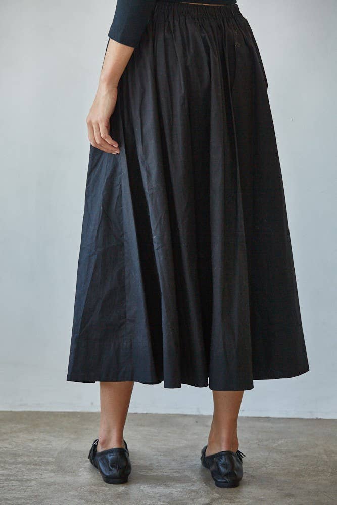 Woven Cotton Elastic Waist Flare Midi Skirt