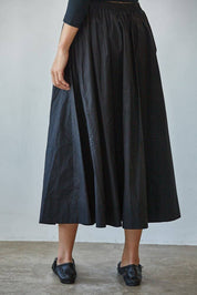 Woven Cotton Elastic Waist Flare Midi Skirt