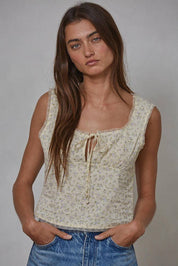 Woven Cotton Floral Square Neck Top