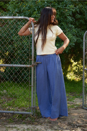 Washed Linen Wide Leg Pant - Navy Stripe