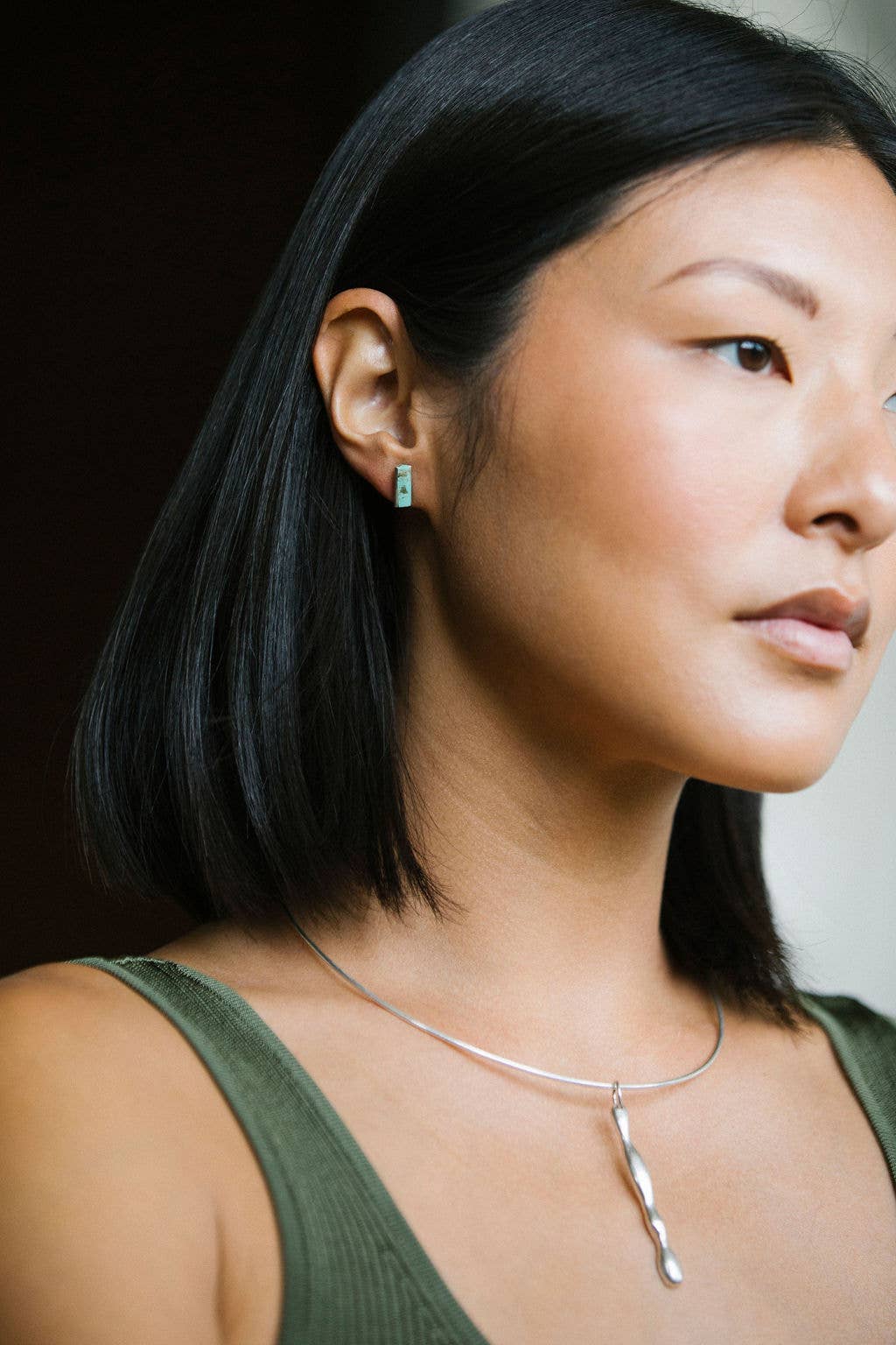 Senita Studs Earrings - Yellow Bronze / Blue-Green Turquoise