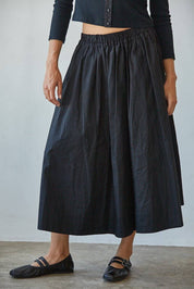 Woven Cotton Elastic Waist Flare Midi Skirt