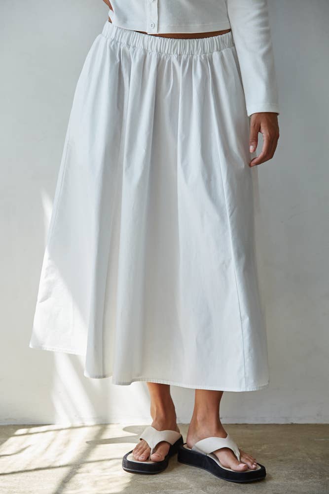 Woven Cotton Elastic Waist Flare Midi Skirt