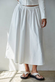 Woven Cotton Elastic Waist Flare Midi Skirt