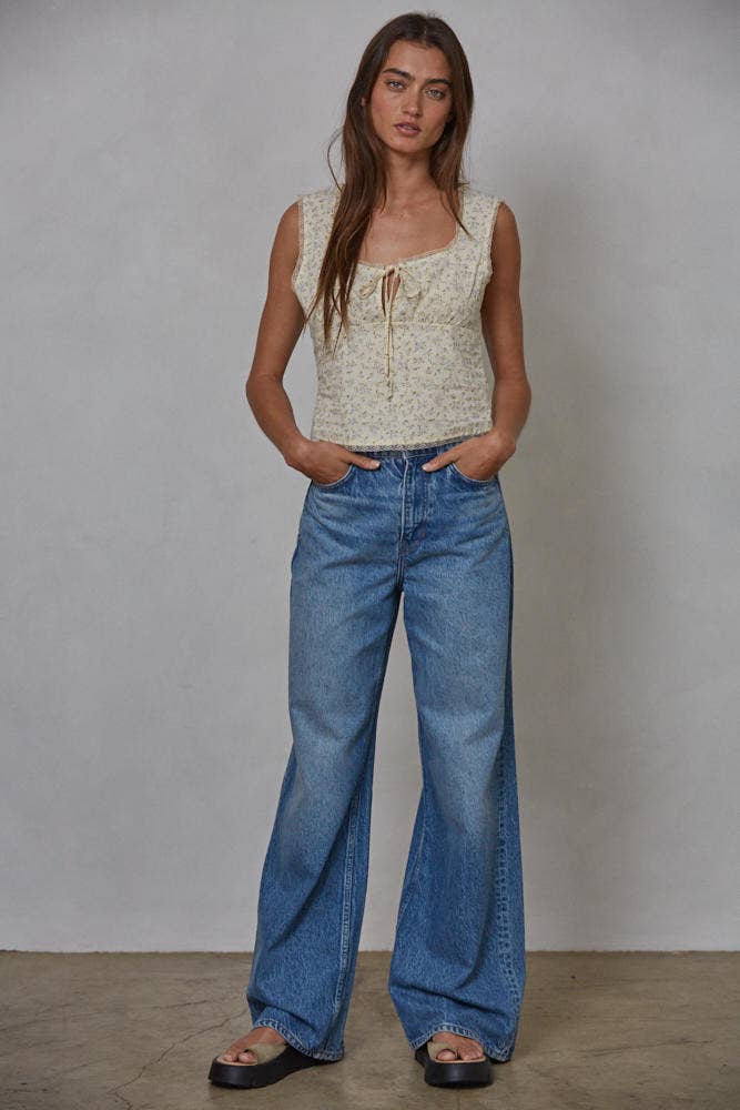 Woven Cotton Floral Square Neck Top