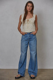 Woven Cotton Floral Square Neck Top