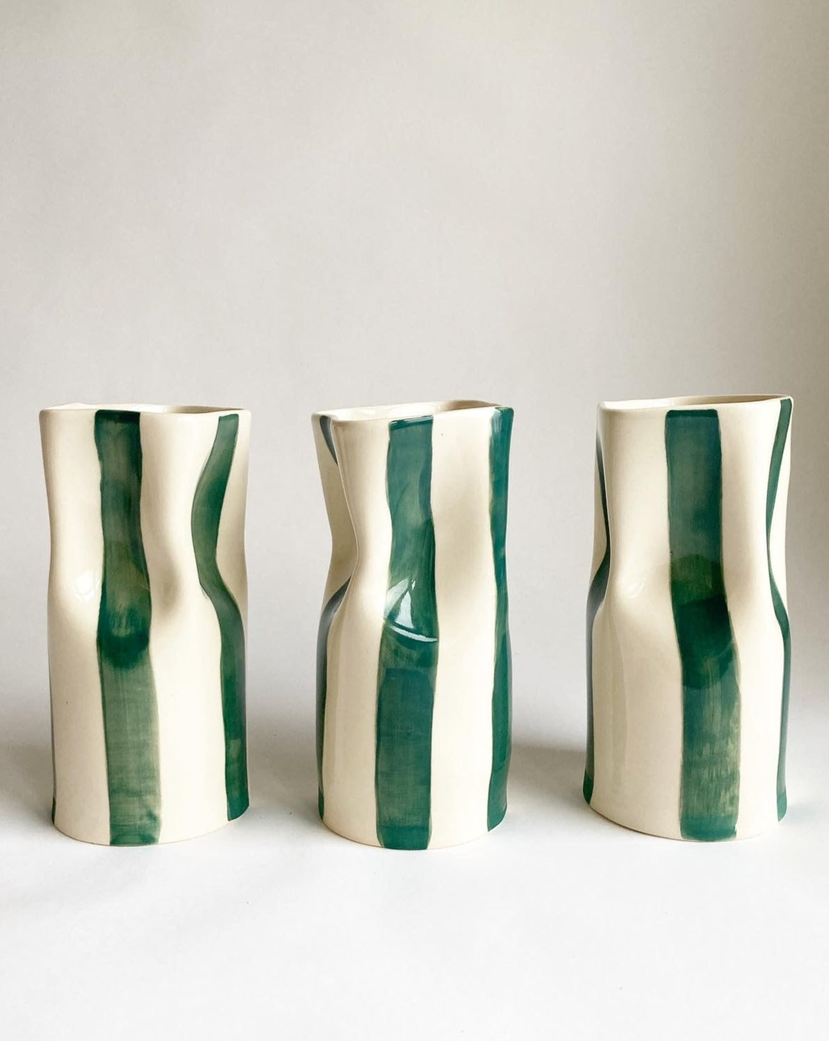 Forest Green Striped Pinched Bud Vase